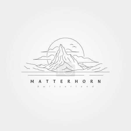 Téléchargez les illustrations : Matterhorn montagne avec coucher de soleil ligne art vectoriel symbole illustration conception, montagne logo conception - en licence libre de droit