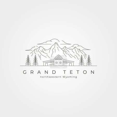 Ilustración de Vector de Grand Teton línea de parque nacional logotipo de arte diseño de ilustración mínima con diseño de granero - Imagen libre de derechos