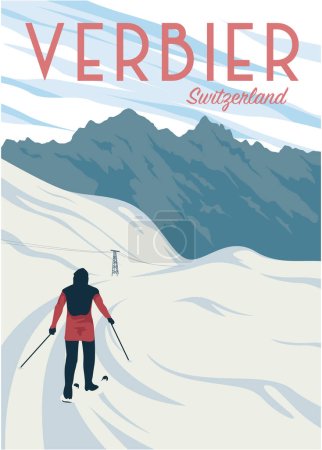 Téléchargez les illustrations : Ski avec vue imprenable dans le verbier affiche vintage illustration design, Suisse affiche du parc national - en licence libre de droit