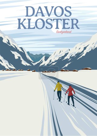 Téléchargez les illustrations : Décor d'hiver avec couple ski dans davos kloster affiche, Suisse affiche de voyage vintage illustration design - en licence libre de droit
