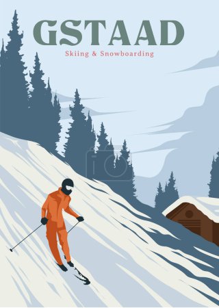 Téléchargez les illustrations : Homme ski en gstaad poster vintage illustration design, piste de ski ins switzerland poster design - en licence libre de droit