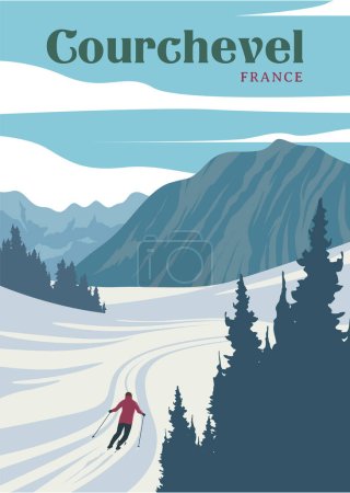 Téléchargez les illustrations : Courchevel affiche de voyage vintage avec homme ski vectoriel illustration design, france affiche de voyage design - en licence libre de droit