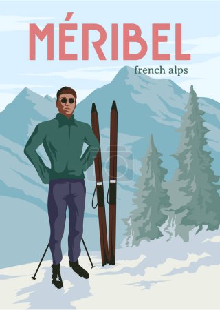 Illustration for Meribel ski resort vintage poster design, the skiers with mountain view poster illustration design - Royalty Free Image