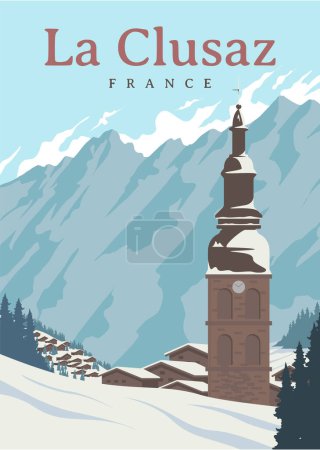 Téléchargez les illustrations : Affiche vintage La Clusaz illustration de voyage, belle neige à la clusaz, Alpes françaises - en licence libre de droit