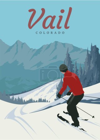 Téléchargez les illustrations : Domaine skiable vail en colorado design affiche de voyage, colorado vintage vecteur design de voyage - en licence libre de droit