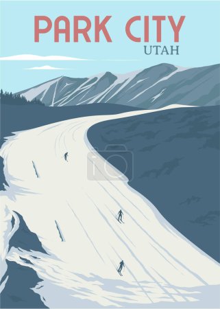 Téléchargez les illustrations : Parc ville ski de montagne affiche vintage illustration design, skieurs alpins en utah - en licence libre de droit