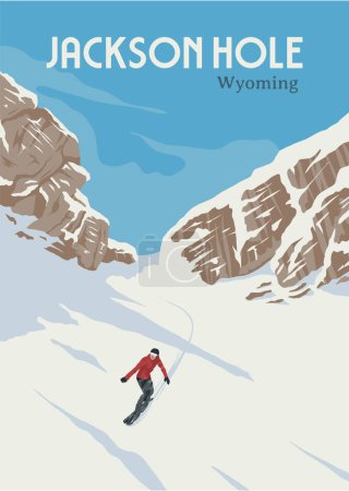 Téléchargez les illustrations : Jackson hole wyoming affiche de voyage design, snowboard descendant la pente dans wyoming, Etats-Unis - en licence libre de droit