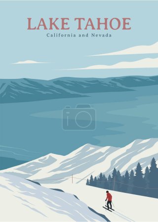 Illustration for Lake tahoe ski resort travel poster vintage design, lake tahoe winter view nevada and california - Royalty Free Image