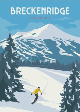 Téléchargez les illustrations : Breckenridge colorado vintage affiche de voyage illustration design, homme jouant snowboard avec vue sur la montagne sur fond - en licence libre de droit