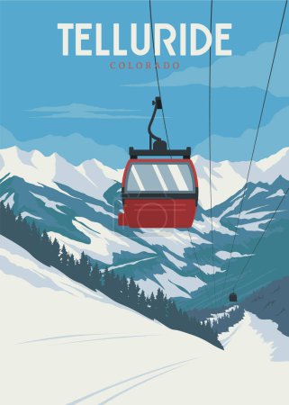 Téléchargez les illustrations : Affiche de voyage telluride design d'illustration vintage avec téléphérique ou gondole design, affiche ski et snowboard - en licence libre de droit
