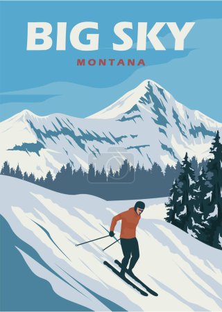 Téléchargez les illustrations : Grand ciel station montana vintage affiche illustration design, ski affiche fond design - en licence libre de droit