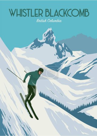 Téléchargez les illustrations : Affiche de whistler blackcomb fond illustration design, homme skieur descente sur la station de ski colombie britannique - en licence libre de droit
