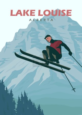 Illustration for Jumping skiers illustration poster design, lake louise vintage poster design - Royalty Free Image