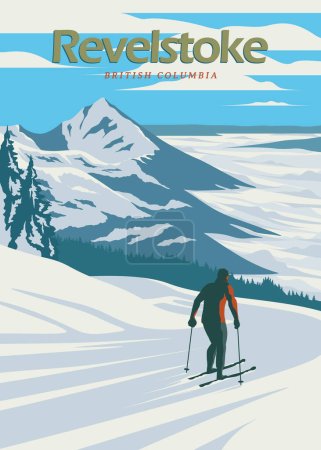 Téléchargez les illustrations : Revelstoke station de ski de montagne affiche vintage fond design, colombie britannique canada affiche de voyage design - en licence libre de droit