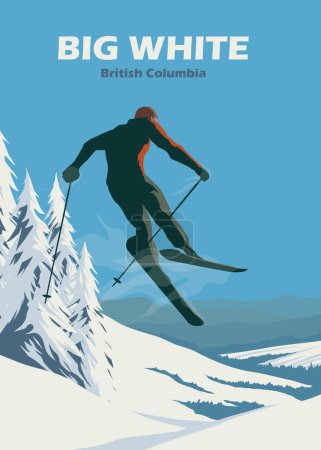 Téléchargez les illustrations : Saut à ski à grande affiche vintage blanc illustration design, fond de ski de montagne design - en licence libre de droit