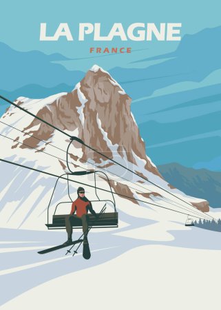 Téléchargez les illustrations : La plagne france domaine skiable affiche vintage illustration design - en licence libre de droit