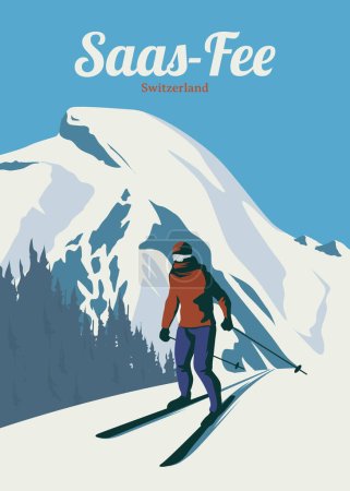Téléchargez les illustrations : Affiche saas fee vintage chez switzerland ski design. design affiche saastal - en licence libre de droit
