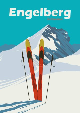 Téléchargez les illustrations : Bâton de ski dans la neige affiche vintage illustration design à engelberg titlis domaine skiable, Suisse - en licence libre de droit