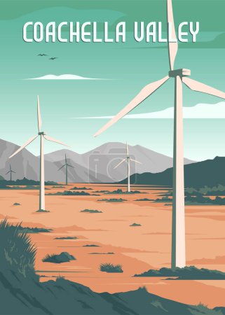 Cartel de viaje vintage Coachella Valley en temporada primavera diseño de ilustración, diseño de póster de ilustración de molino de viento