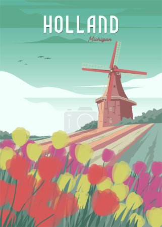 holland michigan travel poster illustration design, flower garden view with windmill in poster