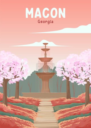 Téléchargez les illustrations : Cerisiers en fleurs en macon vintage Voyage illustration design, fontaine d'eau en plein air en macon géorgie - en licence libre de droit