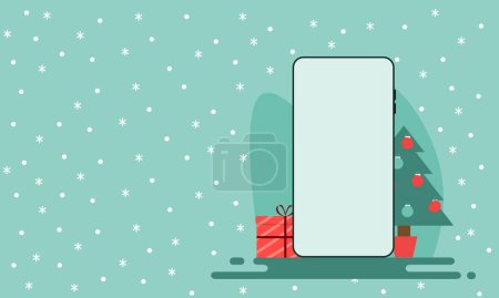 Illustration for Shopping Online on smartphone or Mobile Application Concept idea Marketing and Digital marketing. Horizontal view with three, snow and gift. - Royalty Free Image