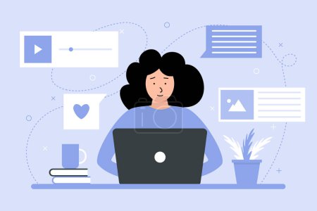 Téléchargez les illustrations : Content manager at work. Female multitasking skill concept. Freelance worker busy with email marketing analysis. - en licence libre de droit