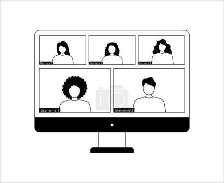 Illustration for Illustration for video conferencing and meetings application on desktop. Five users. - Royalty Free Image