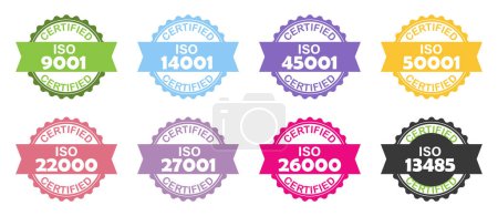 Ilustración de Conjunto de sello de certificación ISO. Signo de sello - sistemas de gestión de calidad. - Imagen libre de derechos