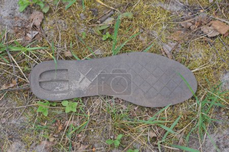 a piece of gray rubber sole from an old torn dirty shoe lies on the green moss and ground on the street