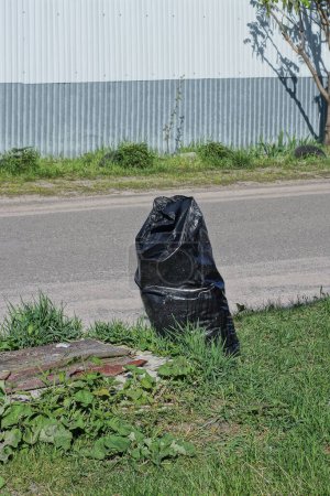 one large black full plastic bag with garbage stands in the green grass near the road on the street