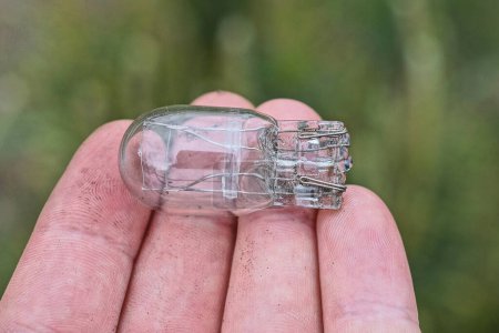 one small gray glass light bulb lies on the palm of the hand