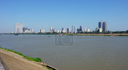 mekong river shore with phnom penh skyline