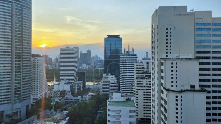 sunset over the skyline of bangkok in thailand