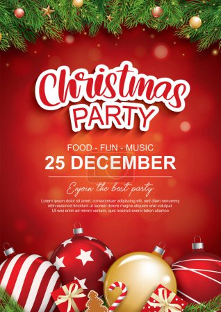 Illustration for Merry christmas party with glass ball and gift box for flyer brochure design on red background invitation theme concept. Happy holiday greeting banner and card template. - Royalty Free Image