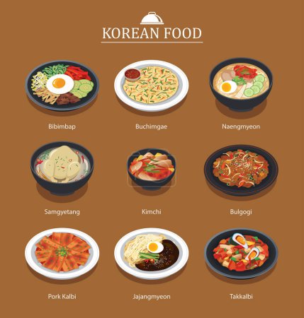 Illustration for Set of korean food menu. Asia street food illustration background. - Royalty Free Image