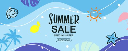 Illustration for Summer sale with decoration on blue background. - Royalty Free Image