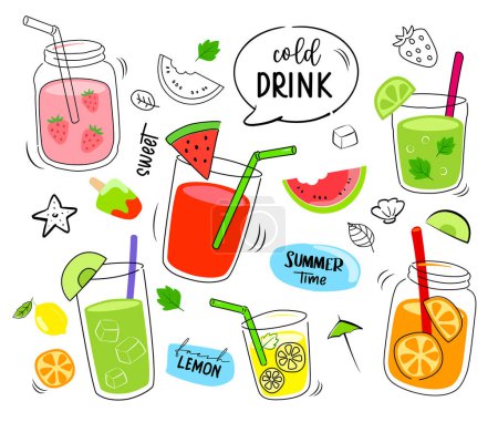 Illustration for Tropical drinks summer set menu. Cold drinks with hand drawn illustration. Fruit smoothie, cocktails, alcoholic drinks. - Royalty Free Image