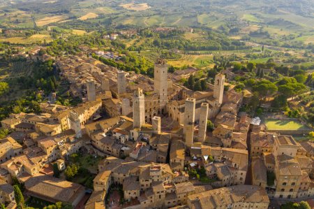 Drone photography of old italian town san gimignano during summer day