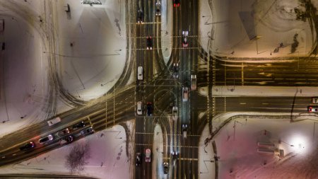 Drone photography of big intersection during cloudy winter morning