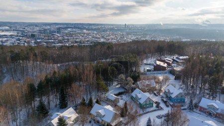 Fotografía de drones de un bosque de parque público y paisaje urbano en el horizonte durante el soleado día de invierno