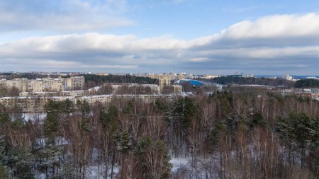 Drone photography of a public park forest and city landscape on horizon during sunny winter day