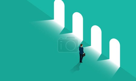 Illustration for Businessman stands at the door of many opportunities to make choices. The idea of having to decide the path of a company to grow - Royalty Free Image