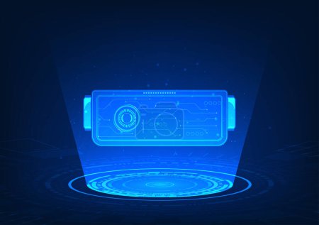 Illustration for Virtual Reality technology with technology circles projecting holograms, VR glasses. It is a technology that creates a virtual environment that is also used to communicate and entertain. - Royalty Free Image
