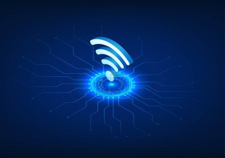 Illustration for WiFi technology Placed on the technology circle with the connected technology circuit, Wi-Fi is a technology that emits a wireless signal to electronic devices. It is an isometric vector illustration. - Royalty Free Image