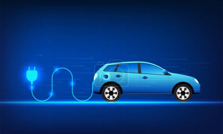 Electric car technology, a vehicle connected to an electrical outlet The technology in which vehicles use electric energy to drive is clean energy and there are electric car charging stations