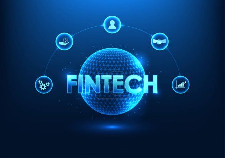 Téléchargez les illustrations : Technologie Fintech Fintech est à l'intérieur du cercle technologique avec des icônes de la finance. Affiche les institutions financières qui ont adopté la technologie. y compris l'utilisation de l'intelligence artificielle - en licence libre de droit