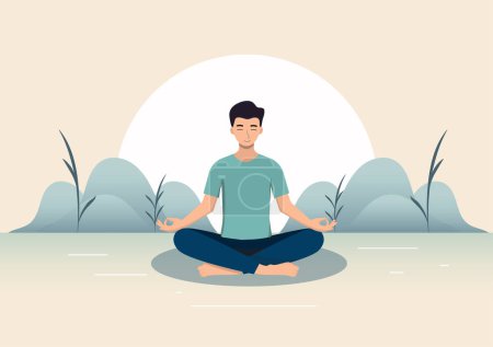 Illustration for Man meditating With a smiling face showing happiness and calm to collect your thoughts and think about your goals It is sitting cross-legged Background that shows tranquility without disturbing people - Royalty Free Image