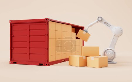 Photo for Mechanical arm and cardboard box, 3d rendering. Digital drawing. - Royalty Free Image