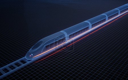 Tren bala digital de alta velocidad, renderizado en 3D. Dibujo digital.